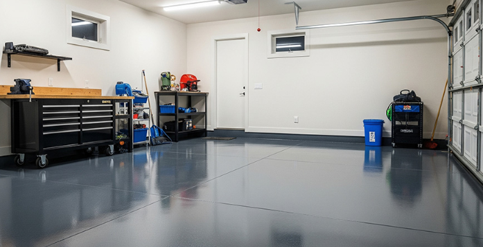 Professional epoxy garage flooring in Ruskin, FL with a smooth, durable gray finish by Earthstone Epoxy Coating LLC.